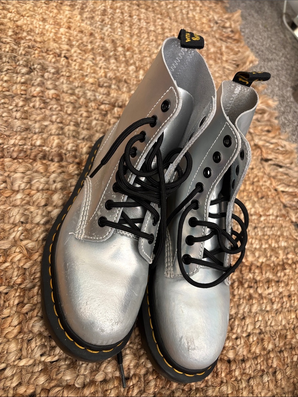 Dr. Martens Silver Metallic Lace-Up Boots with Black Laces